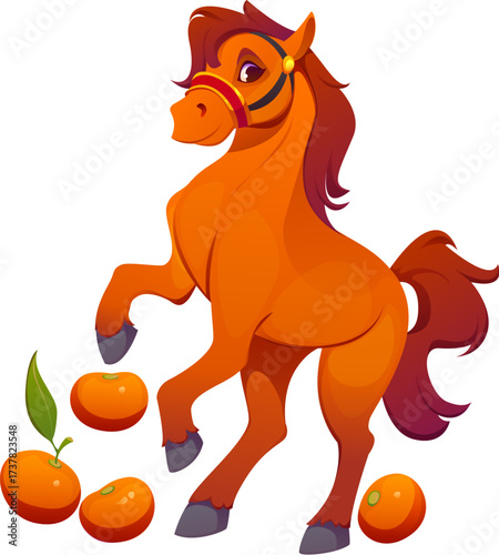 Cartoon horse character, Chinese lunar new year animal. Isolated vector equine In a lively pose with one hoof raised, featuring bright orange fur, red bridle and expressive eyes, symbol of 2026 year