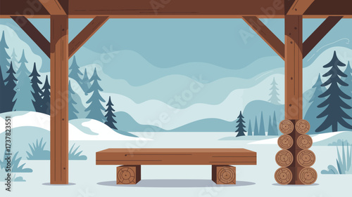 A snowy landscape viewed from a wooden structure with a bench and stack of logs in the foreground