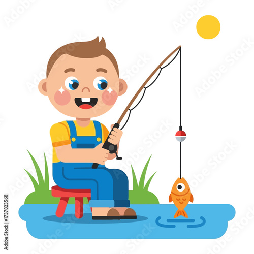 Cartoon illustration of a young boy fishing, seated on a stool by a blue river with a caught fish on the line under a bright sun.