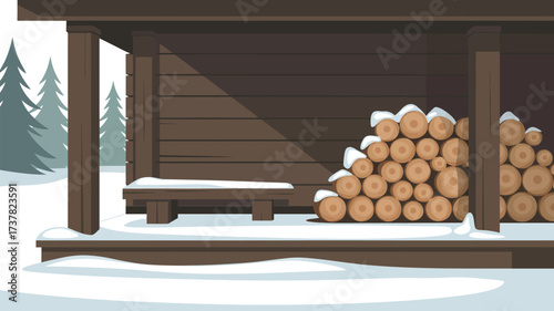 A winter scene showing a wood shed filled with logs and a bench covered in snow near trees outside