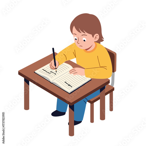 A focused child sits at a wooden desk, diligently writing with a pen in an open notebook.