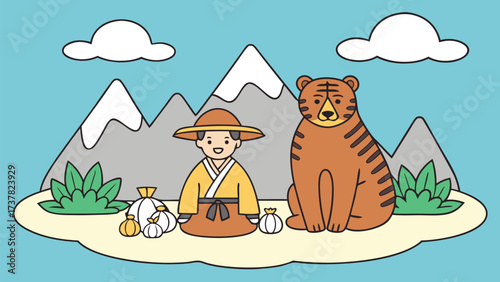 Smiling Korean man sits with bags alongside a tiger against mountainous background