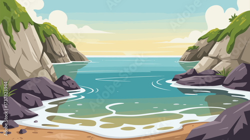 A cartoon illustration of a secluded beach cove with cliffs and calm turquoise water on a sunny day