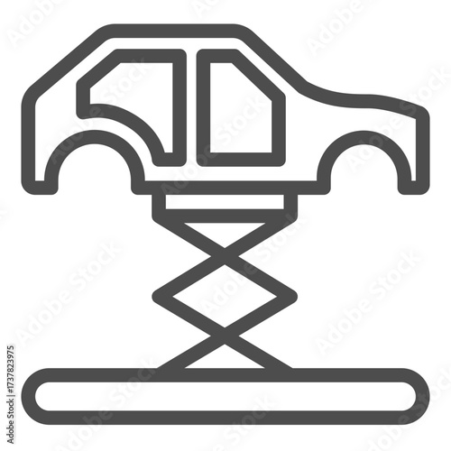 Car frame lifted by crane line icon, car parts concept. Vector graphics. Car lift sign on white background, outline style icon for mobile or web design.
