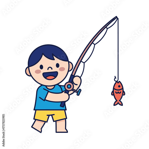 A happy cartoon boy holding a fishing rod with a small red fish caught on the hook.