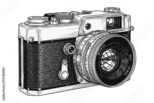 Vector art of a vintage camera with intricate details, capturing the essence of photography and nostalgia, the black and white design adds a timeless quality