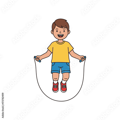 A cheerful young boy in a yellow t-shirt and blue shorts joyfully jumps rope, demonstrating active play and childhood fun.