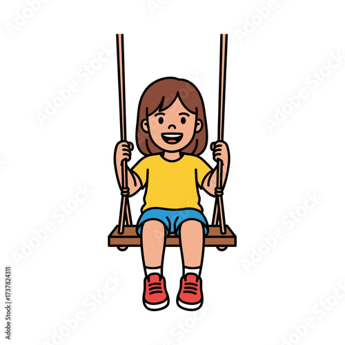 A happy cartoon girl with brown hair sits on a wooden swing, smiling brightly and looking forward.
