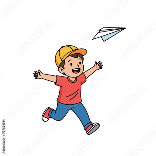 A joyful cartoon boy, wearing a yellow cap and red shirt, runs with outstretched arms, playing with a paper airplane.