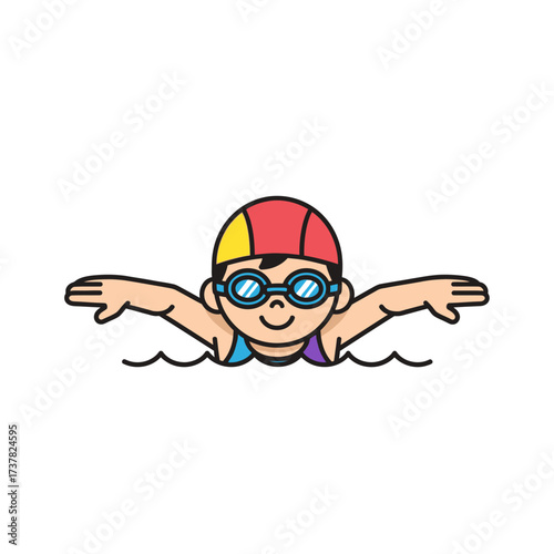 Cartoon illustration of a young swimmer, wearing goggles and a cap, gliding through water.