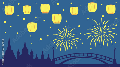 Yellow lanterns float above the bridge and silhouetted city skyline with fireworks at night