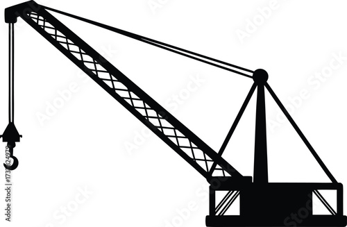 a large construction crane with hook and extended arm silhouette vector.