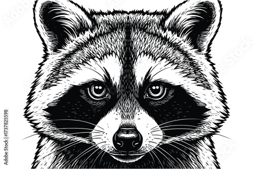 Vector art of raccoon face in black and white, a detailed portrait of a curious and intelligent animal