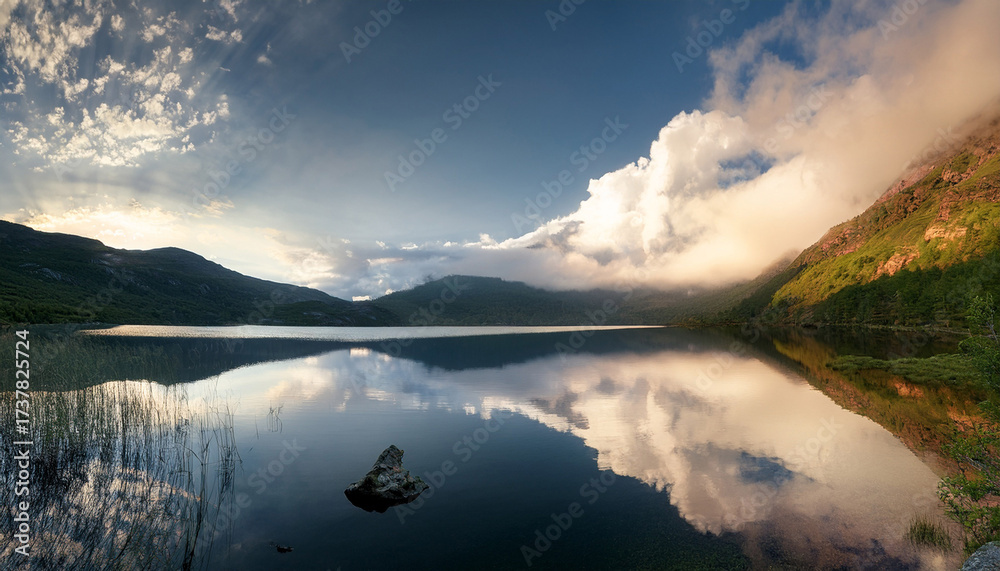 Fototapeta premium Serene Lake Surrounded By Gentle Clouds