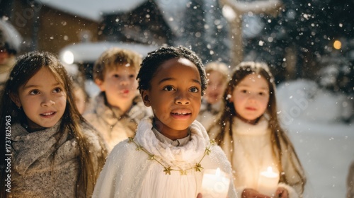 A group of children walks together through a snowy village street on a cold winter evening. Dressed in Saint Lucia and star boy costumes, they hold candles as snowflakes fall around them
