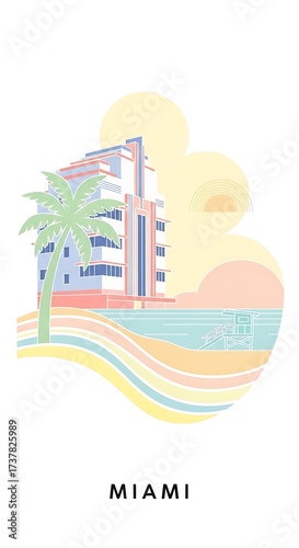 Miami Beach Illustration - Retro Style Travel Poster with Palm Tree.