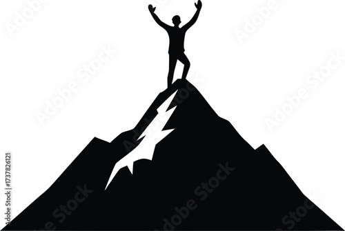  Climber triumphant on mountain peak silhouette vector