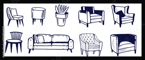 Doodle sketch of living room furniture, hand-drawn in different sizes and types, modern and vintage. Scandinavian furniture Interior elements Boho style. Vector illustration