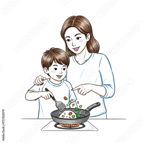 Mother and Son Cooking Together in the Kitchen