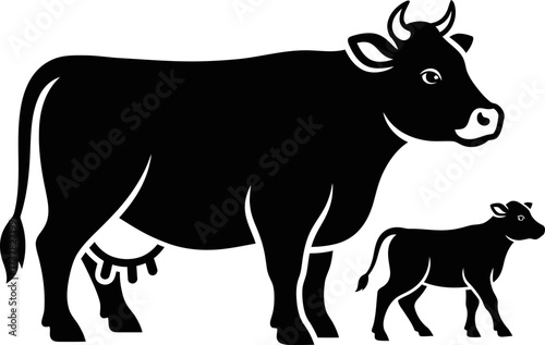 Adult dairy cow and young calf. Agricultural livestock production and farming concept. Black silhouette vector illustration