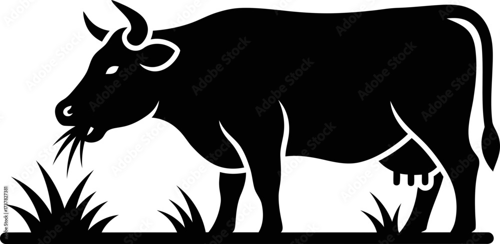 Obraz premium Black cow or cattle grazing grass concept. Animal living on farm. Simple silhouette graphic icon or symbol for dairy product, meat, agriculture illustration