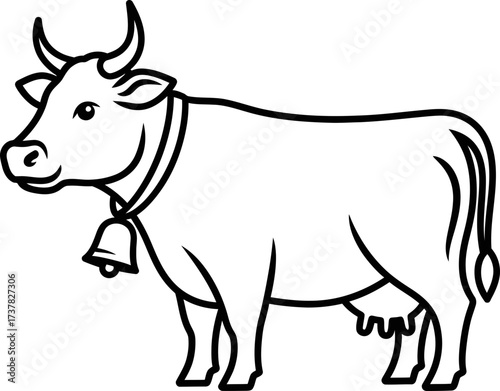 Farm animal cow with bell on neck. Livestock mammal with udder. Drawing for adult and kid coloring book. Vector illustration