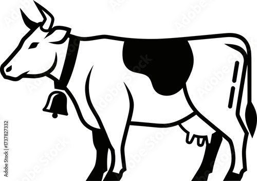 Dairy cow with bell. Farm animal and livestock concept. Cattle breeding and agriculture symbol. Black and white vector illustration.