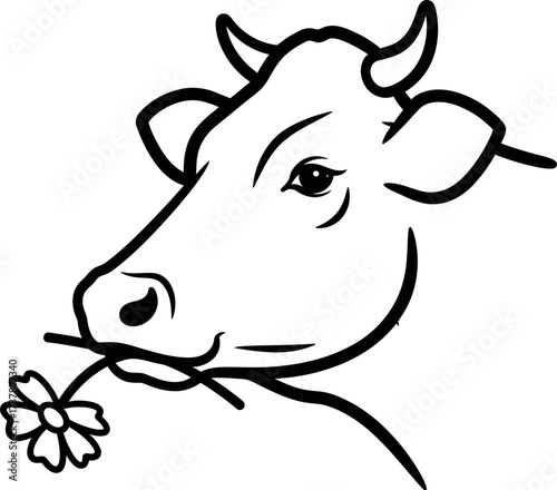 Cow chewing a flower with a gentle expression. Line art concept. Vector illustration for emblem, logo, icon, farmer market, dairy product.