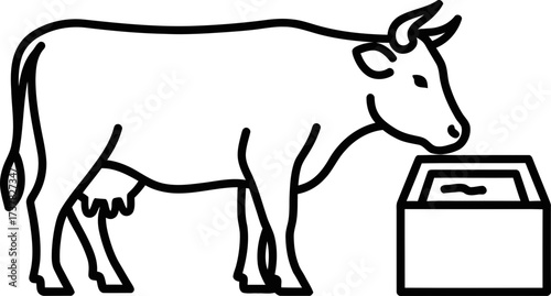 Cow standing by a trough with water. Farm animal concept. Simple line art style. Agricultural livestock illustration vector icon for dairy product