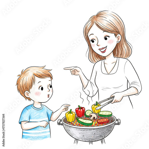 Mother teaching son to cook healthy vegetables