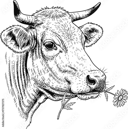 Hand drawn head of a cow eating a daisy flower in a realistic sketch style on a white background. Farm animal concept. Vector illustration