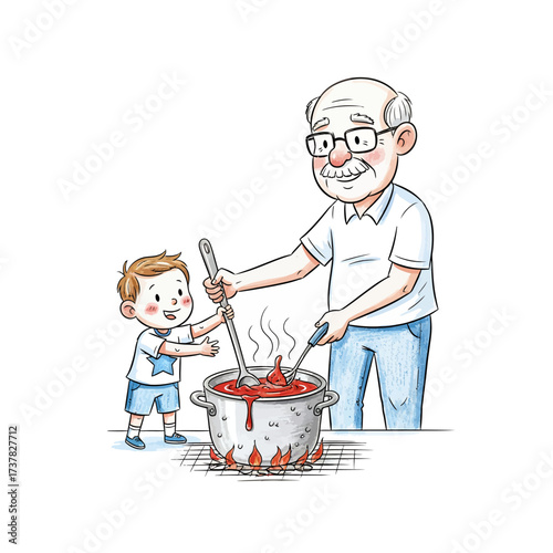 Grandfather teaching grandson to cook