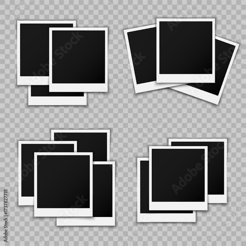 Collection of overlapping empty photo frames with white borders, arranged in different compositions on transparent background. Realistic template for design projects, scrapbooking, or digital artwork.