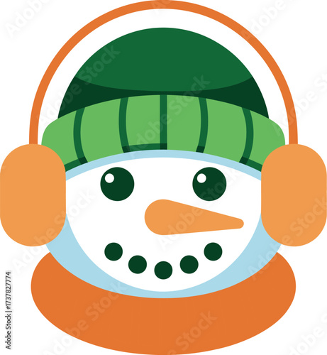 A cartoon snowman wearing a green hat and orange earmuffs on a white background