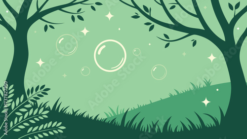 Forest shows green trees, grass, starlight, and transparent bubbles in the light