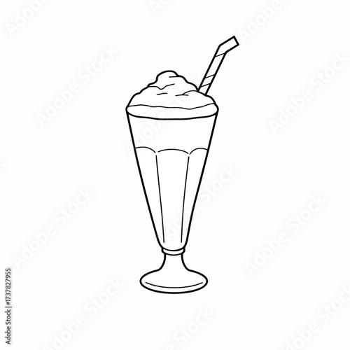 Milkshake drawing with whipped cream and drinking straw in tall glass. Milkshake drawing illustrates a sweet dessert drink with creamy texture.