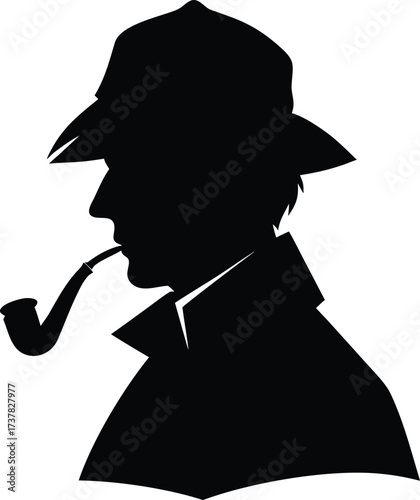 Sherlock Holmes in profile view with deerstalker hat, coat, and pipe, minimalist detective silhouette vector
