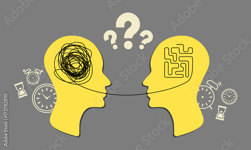 Abstract illustration of two human heads connected by a line, symbolizing communication, psychology, and problem solving. Concept of therapy, mental health, counseling, dialogue and understanding.
