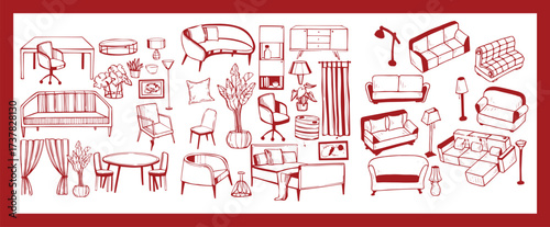 Doodle sketch of living room furniture, hand-drawn in different sizes and types, modern and vintage. Scandinavian furniture Interior elements Boho style. Vector illustration