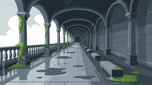 A long corridor with arches and pillars covered in moss leading into the distance with benches along the way