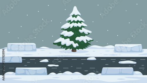 A snowy landscape with a christmas tree and ice blocks on a road in a cartoon style illustration