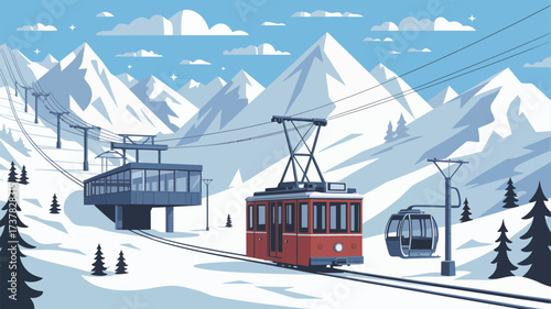 A snowy mountain landscape with a red cable car and a lift station on a bright winter day scene view