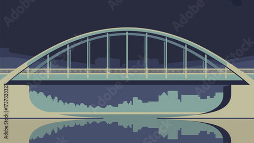 A stylized illustration of a bridge over water with a city skyline reflected underneath it all calm and serene
