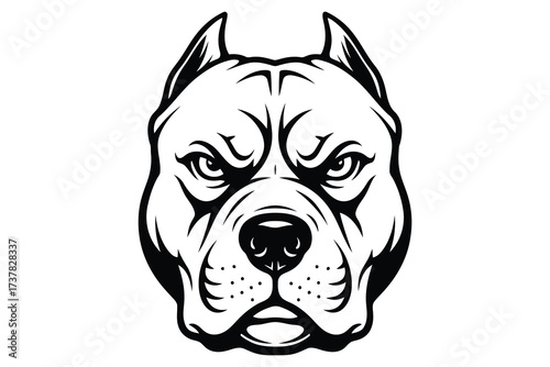 Vector art of, a bold pitbull head vector illustration, showcasing the breeds muscular build and intense gaze, ideal for a logo or graphic design element