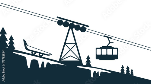 A vector graphic of a ski resort scene with a gondola lift and snow covered mountains and trees shown