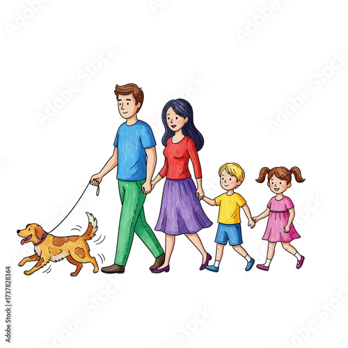Happy Family Walking Dog Together