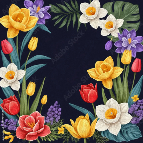Botanical frame for use in graphics. Flowers leaves in the illustration. Oil painting