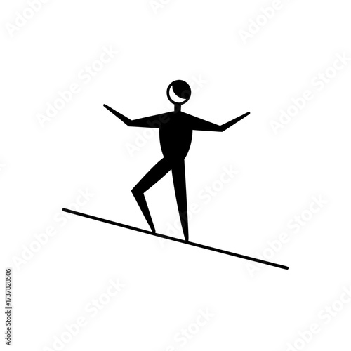 Stick figure balancing on a tightrope line on transparent background silhouette