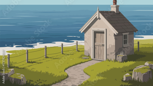 A small house sits on a grassy hill overlooking the ocean with a path leading to the door way