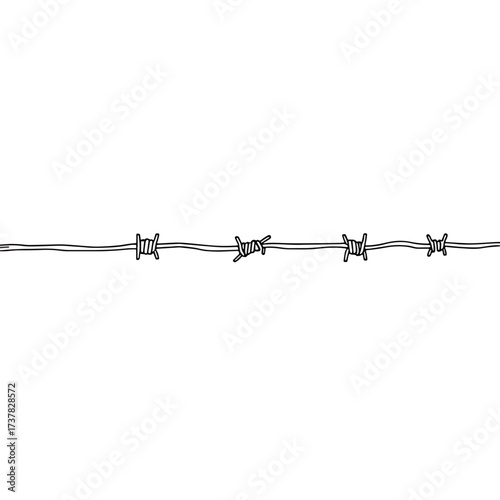 Barbed wire strand featuring sharp spikes presented on a clean white background. Barbed wire forms a protective barrier for security, property, and boundary demarcation.